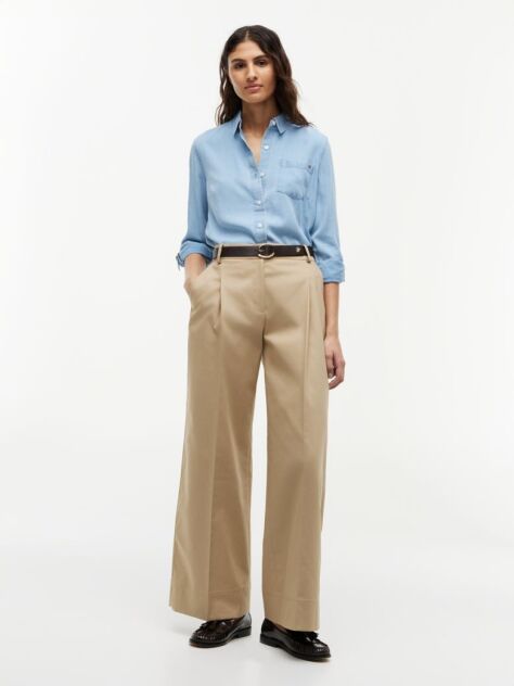 Beige Logo Embroidery Wide Leg Chinos  Women