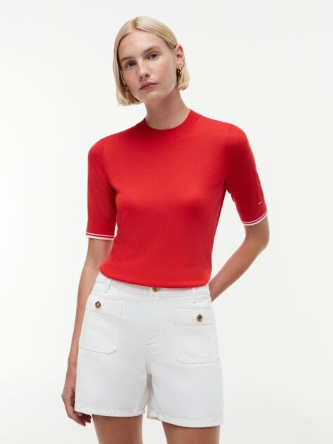 Red Tipped Short Sleeve Jumper With Silk  Women