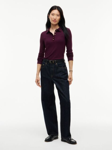 Red Slim Fit Ribbed Long Sleeve Polo Shirt  Women