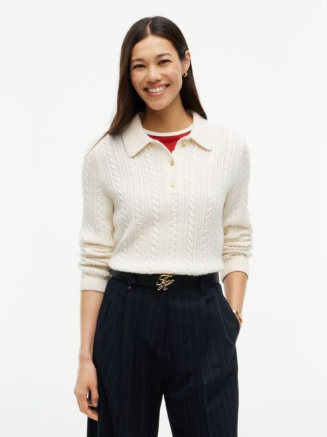 Beige Wool Blend Cable Knit Polo Jumper  Women