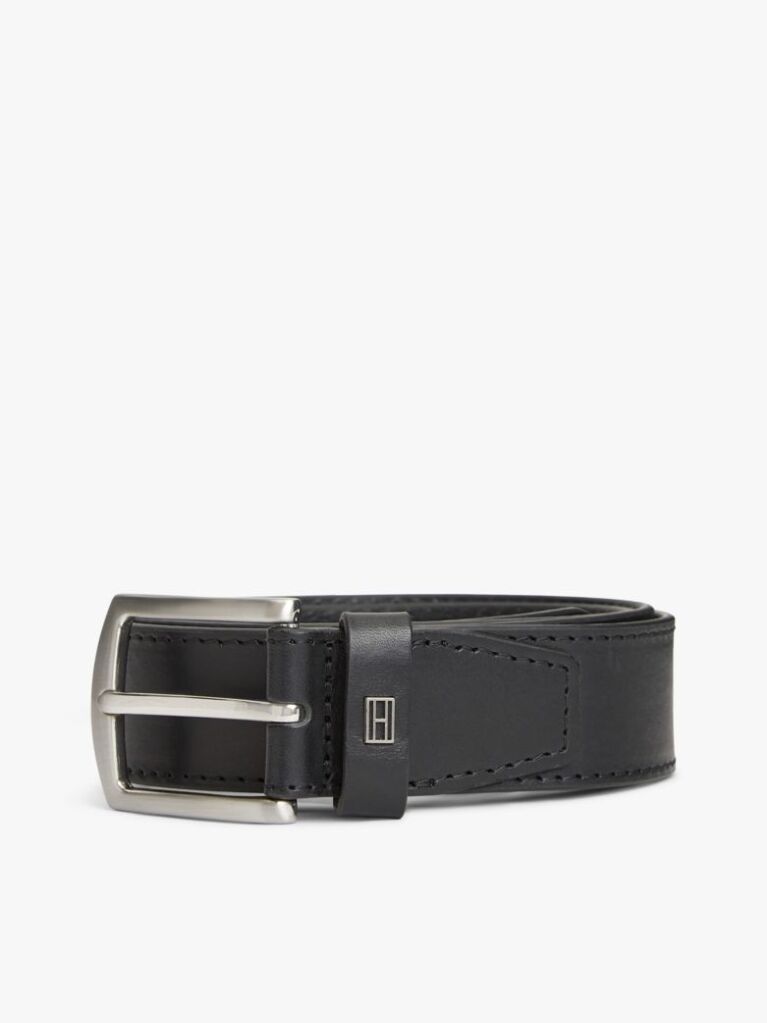 Black Denton Square Buckle Leather Belt  Men
