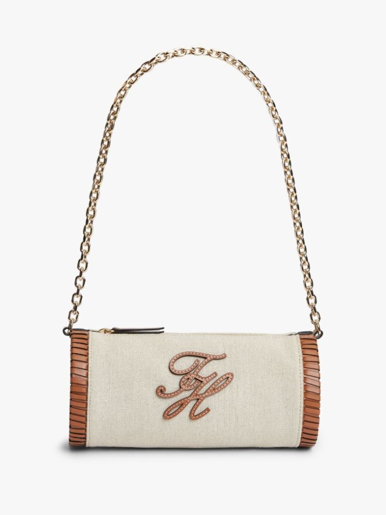Beige Chain Strap Linen Canvas Shoulder Bag  Women