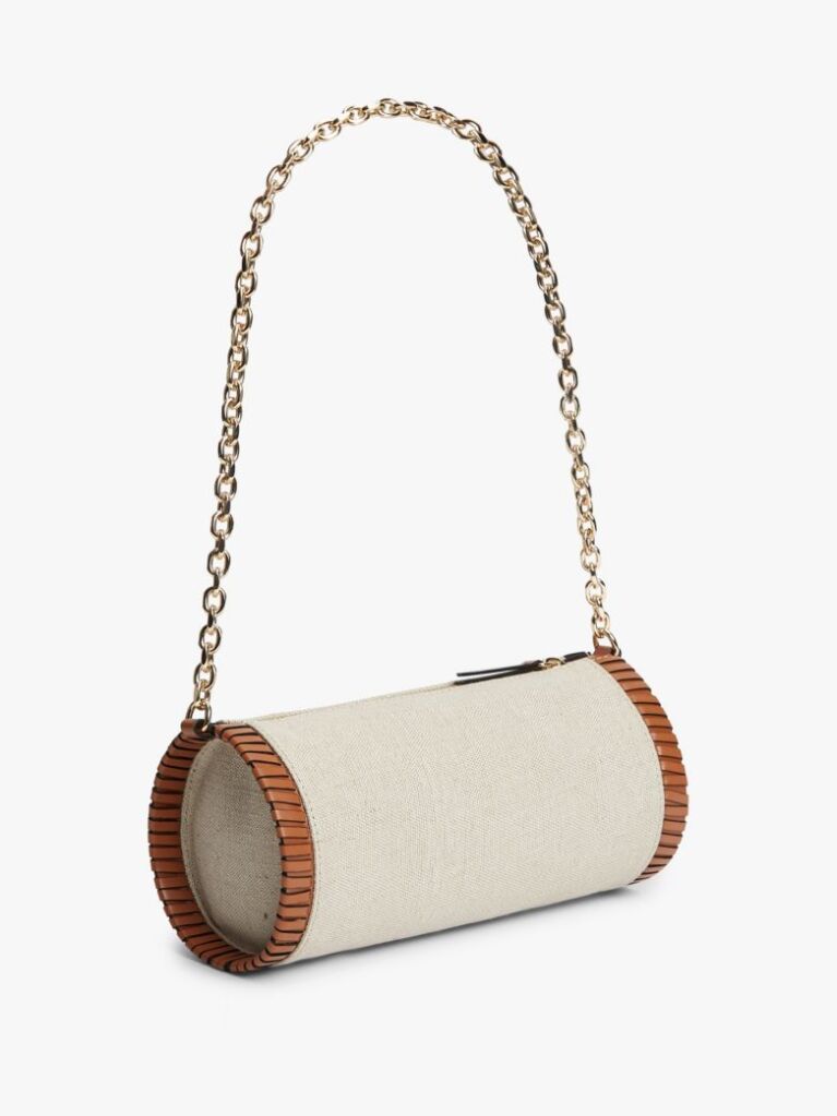 Beige Chain Strap Linen Canvas Shoulder Bag  Women