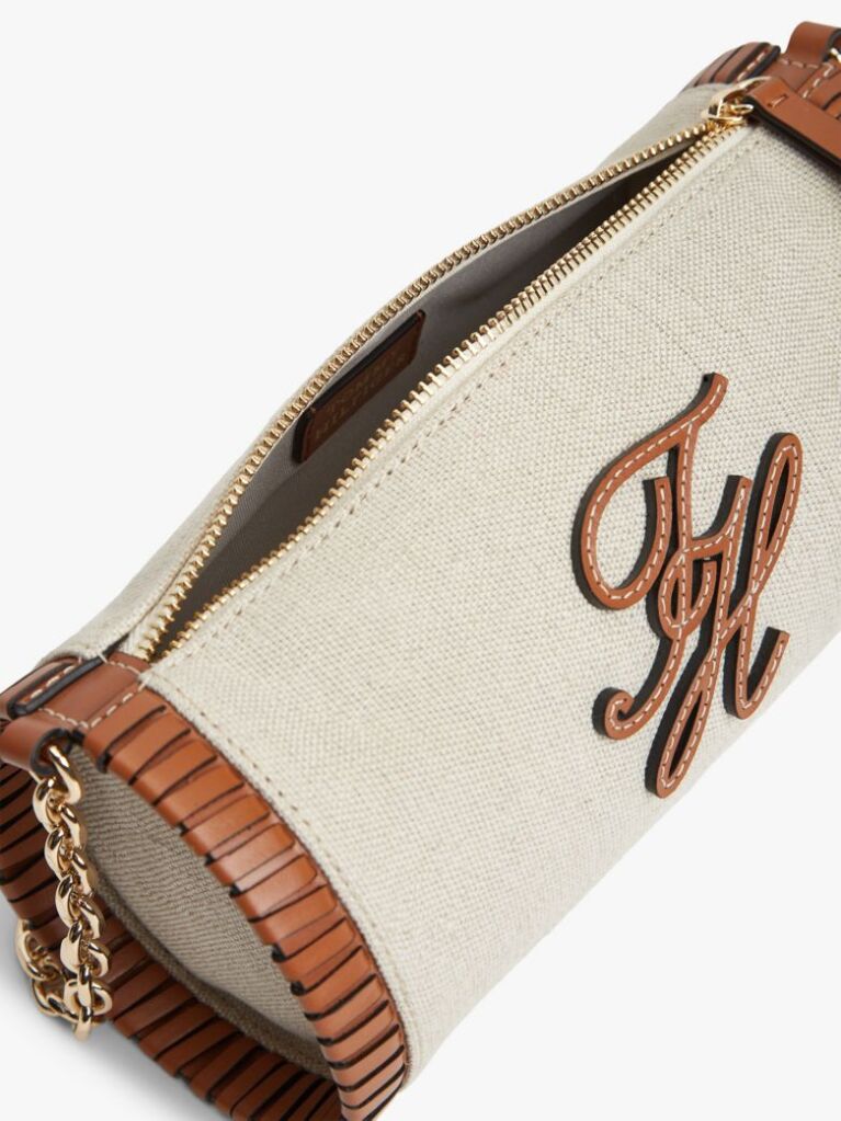 Beige Chain Strap Linen Canvas Shoulder Bag  Women