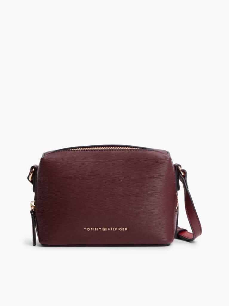 Red Modern Metallic Logo Textured Camera Bag  Women