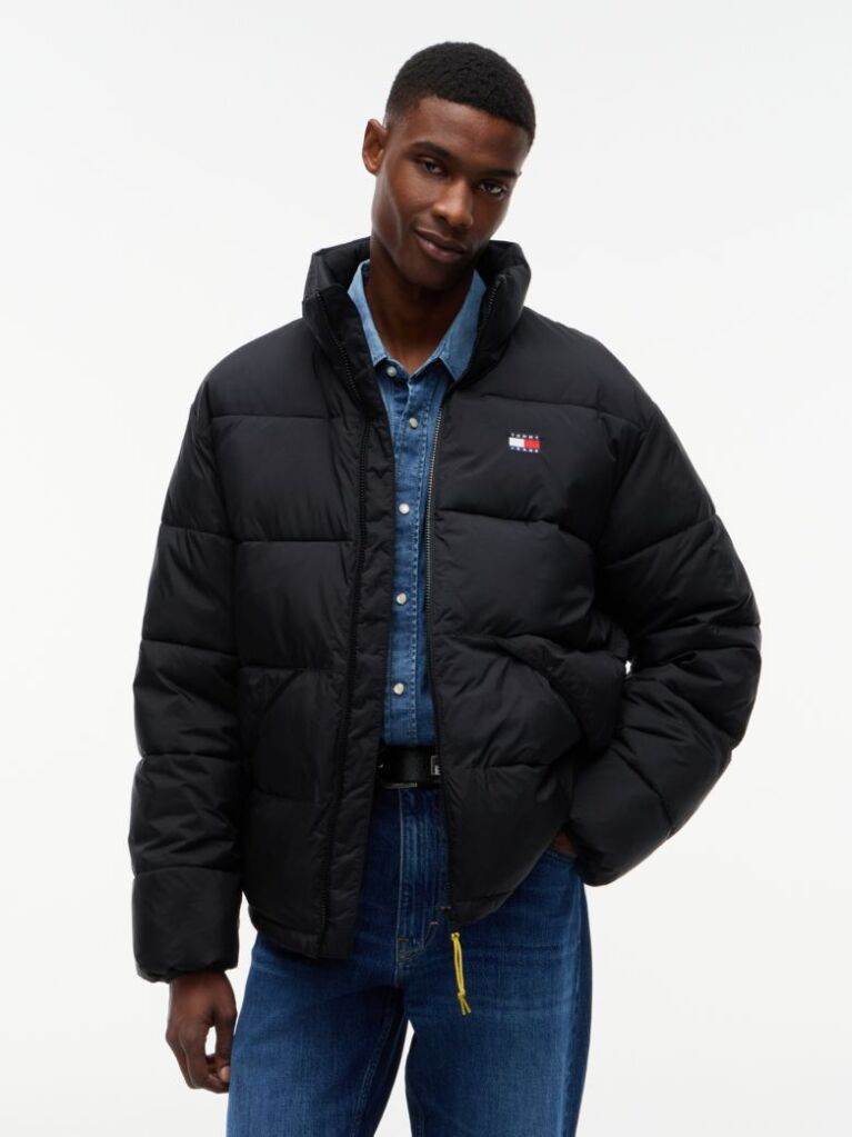 Black Water Repellent Crinkle Relaxed Puffer Jacket  Men
