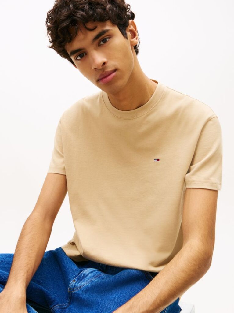Beige Tommy Flag Crew Neck T-Shirt  Men