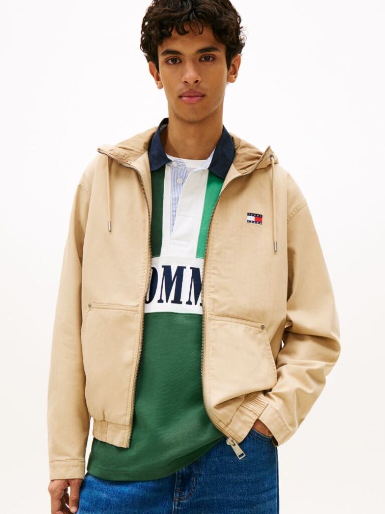 Beige Herringbone Twill Relaxed Zip-Thru Hooded Jacket  Men