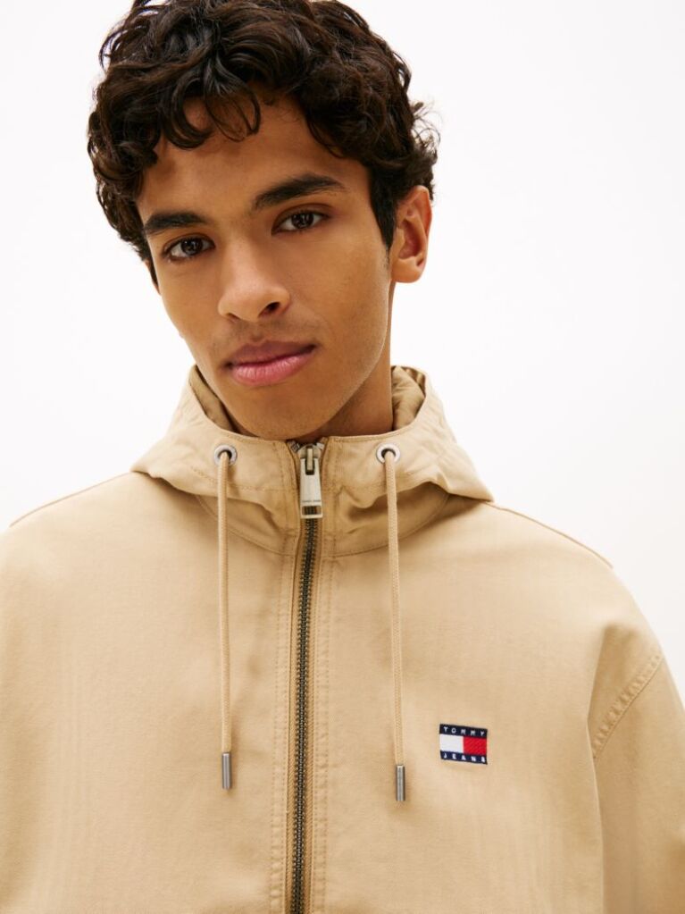 Beige Herringbone Twill Relaxed Zip-Thru Hooded Jacket  Men