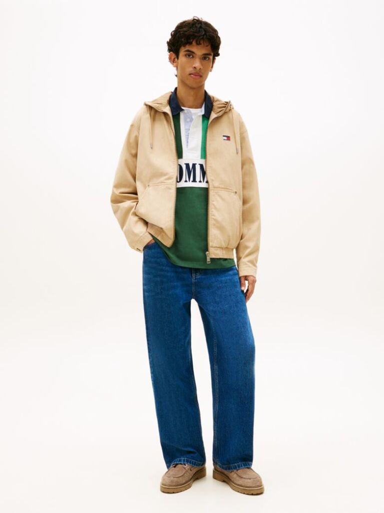 Beige Herringbone Twill Relaxed Zip-Thru Hooded Jacket  Men