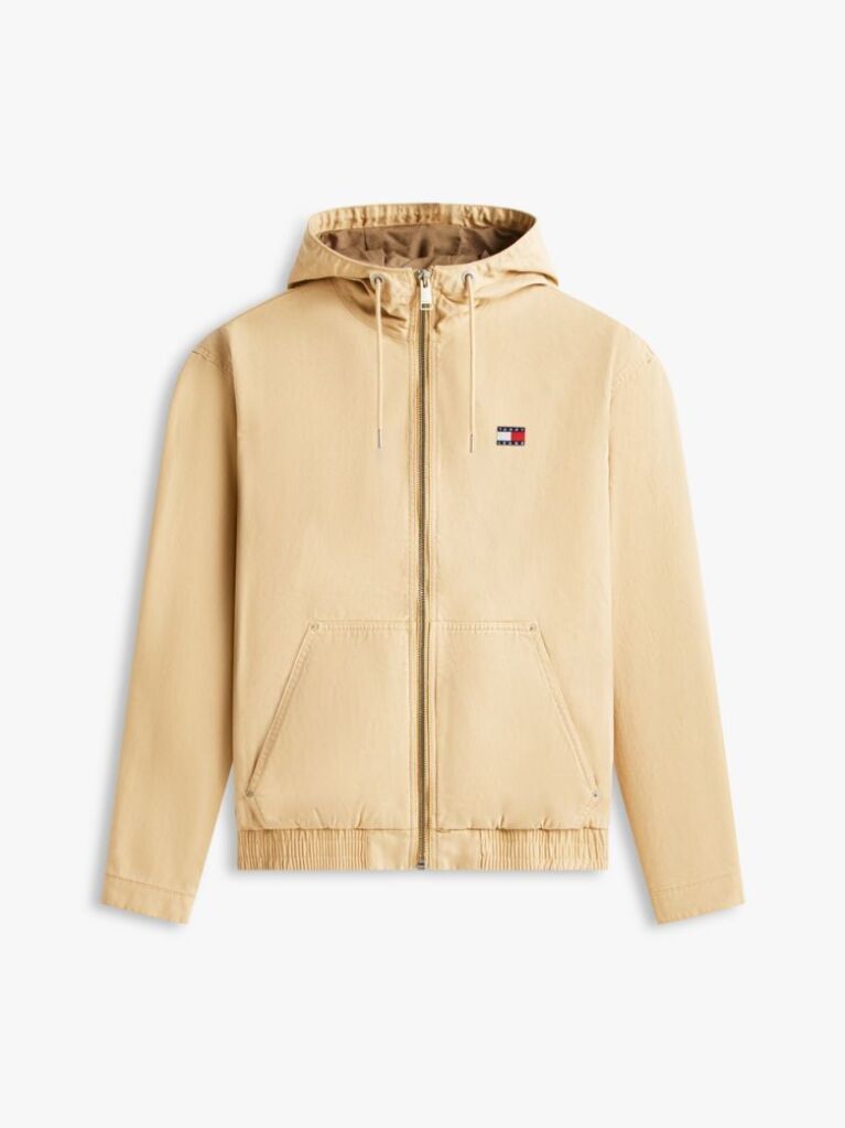 Beige Herringbone Twill Relaxed Zip-Thru Hooded Jacket  Men