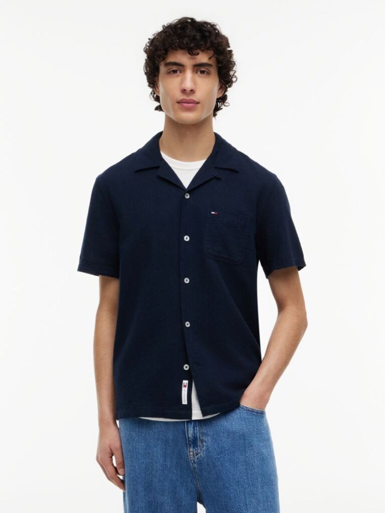 Blue Regular Fit Linen Blend Short Sleeve Shirt  Men