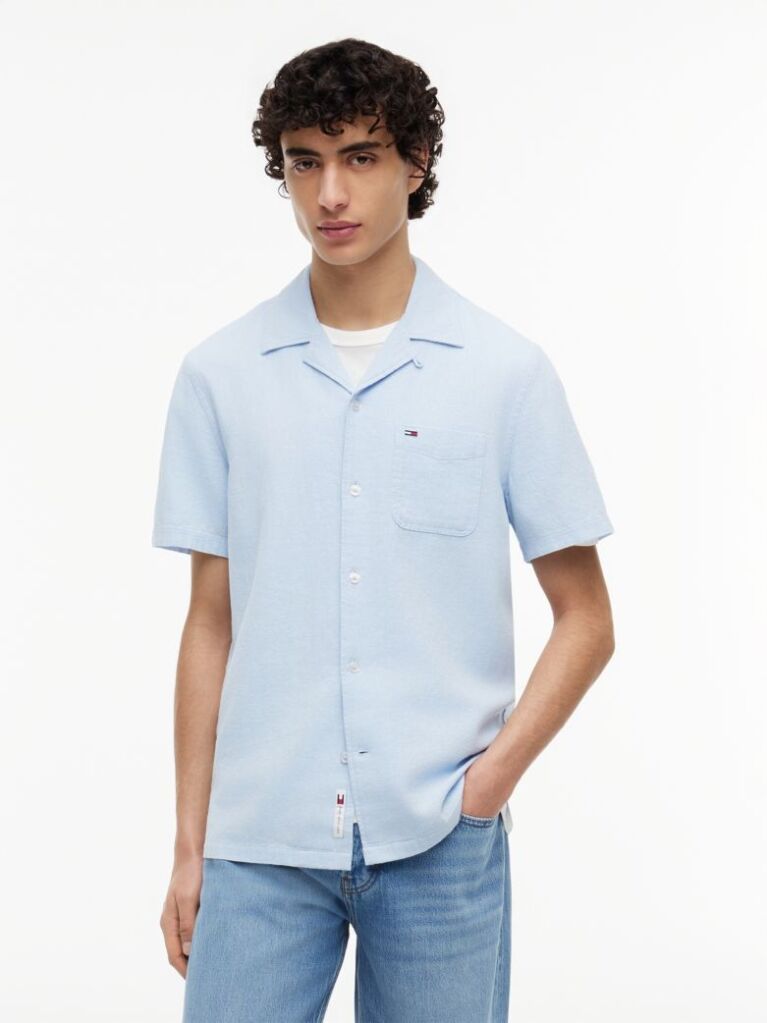 Blue Regular Fit Linen Blend Short Sleeve Shirt  Men