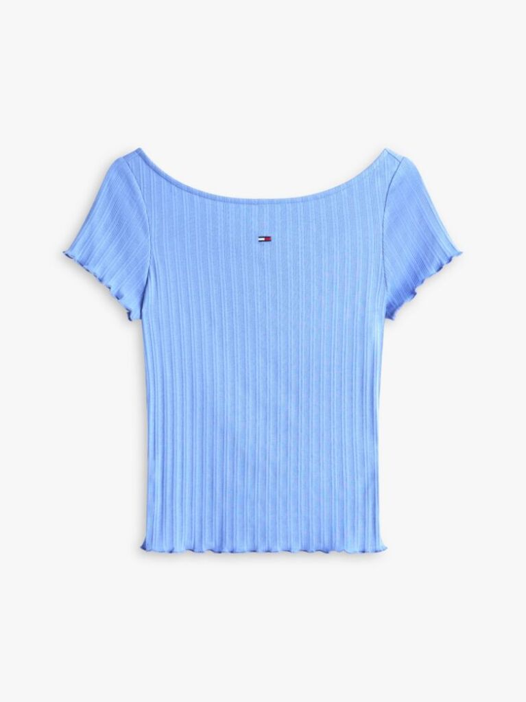 Blue Ruffle Ribbed Slim Boat Neck Top  Women