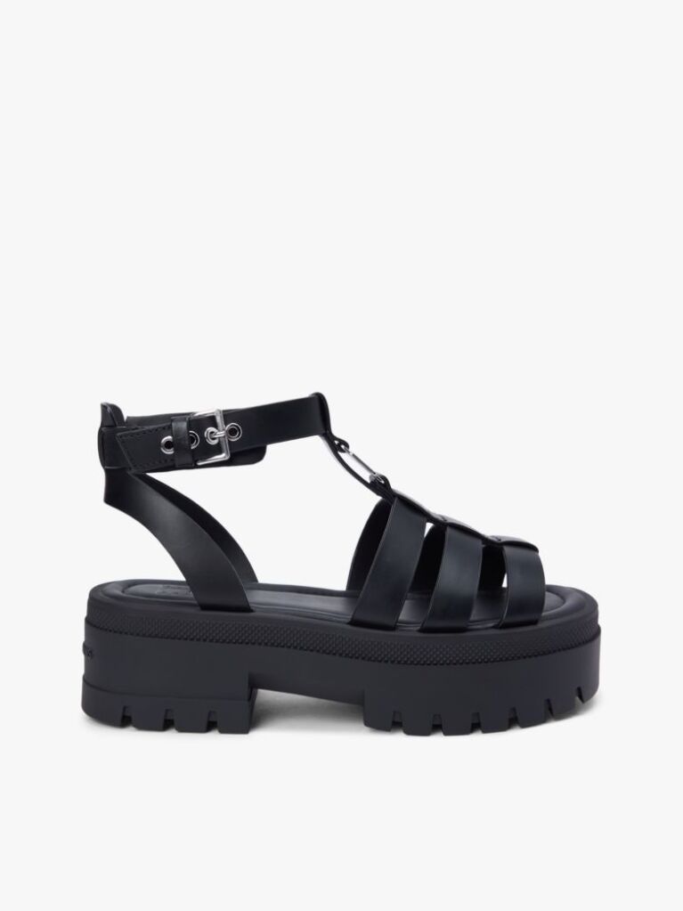 Black Leather Chunky Cleat Fisherman Sandals  Women
