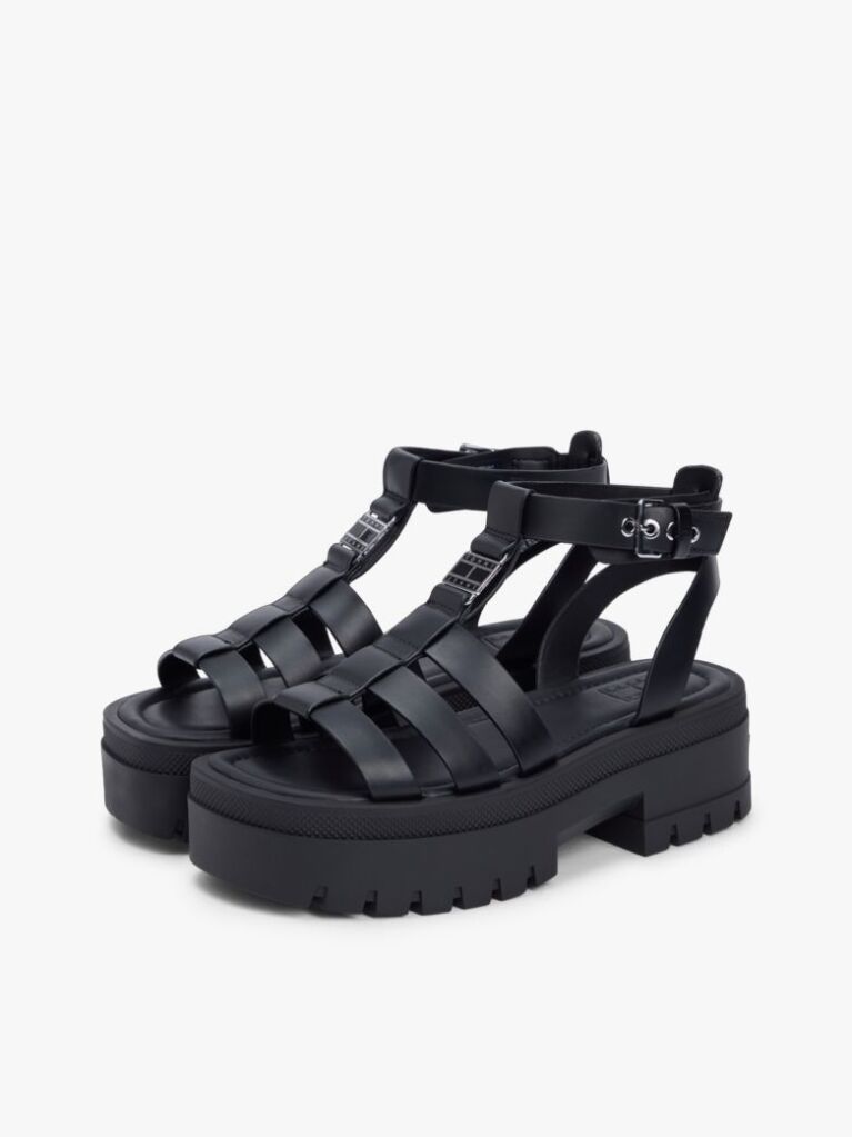 Black Leather Chunky Cleat Fisherman Sandals  Women