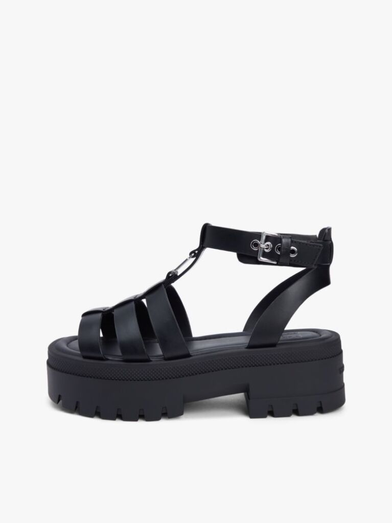Black Leather Chunky Cleat Fisherman Sandals  Women