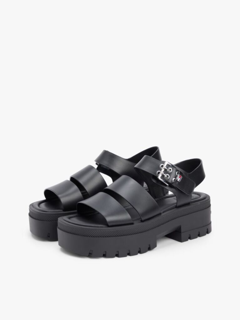 Black Leather Cleat Platform Sandals  Women