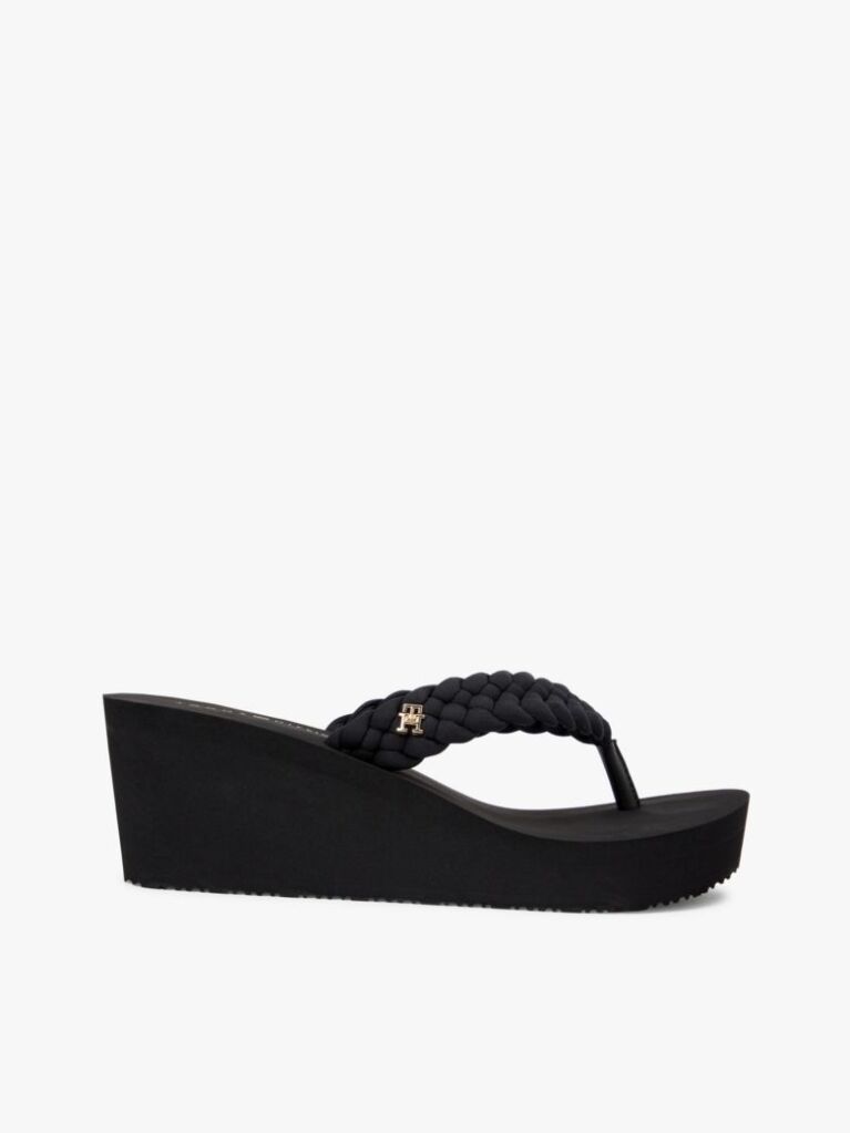 Black Braided Strap Wedge Flip-Flops  Women