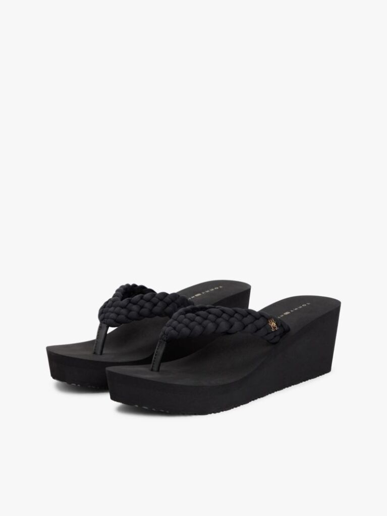 Black Braided Strap Wedge Flip-Flops  Women