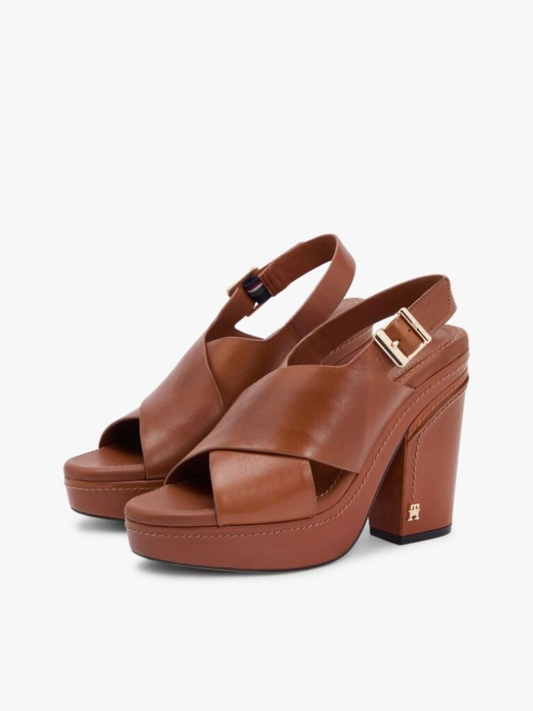 Brown Leather Crossover Strap Block Heel Sandals  Women