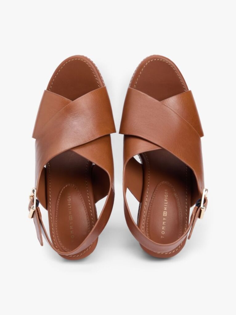 Brown Leather Crossover Strap Block Heel Sandals  Women