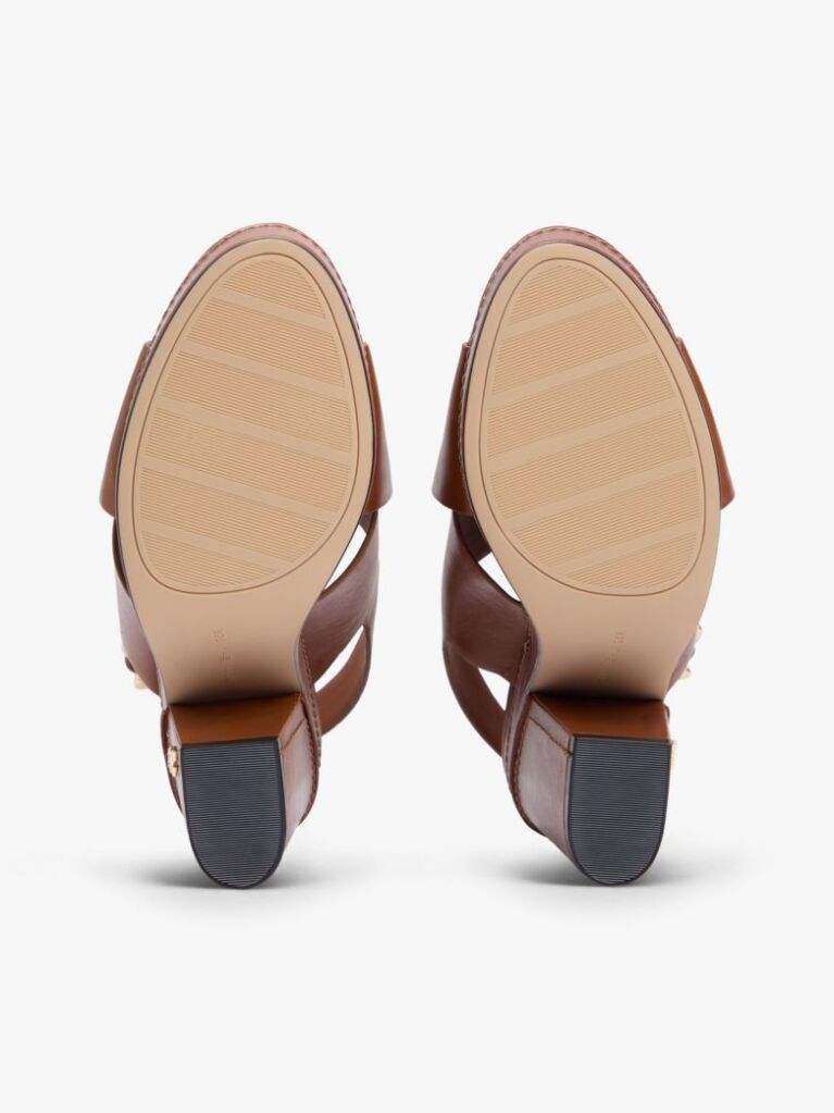 Brown Leather Crossover Strap Block Heel Sandals  Women