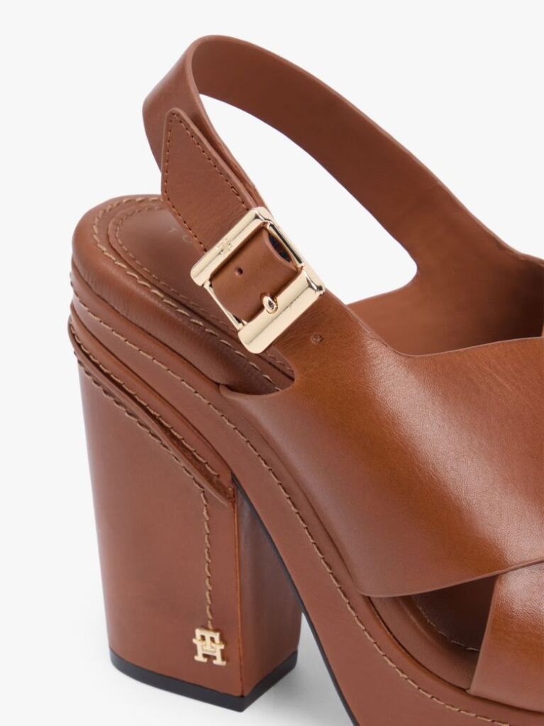 Brown Leather Crossover Strap Block Heel Sandals  Women