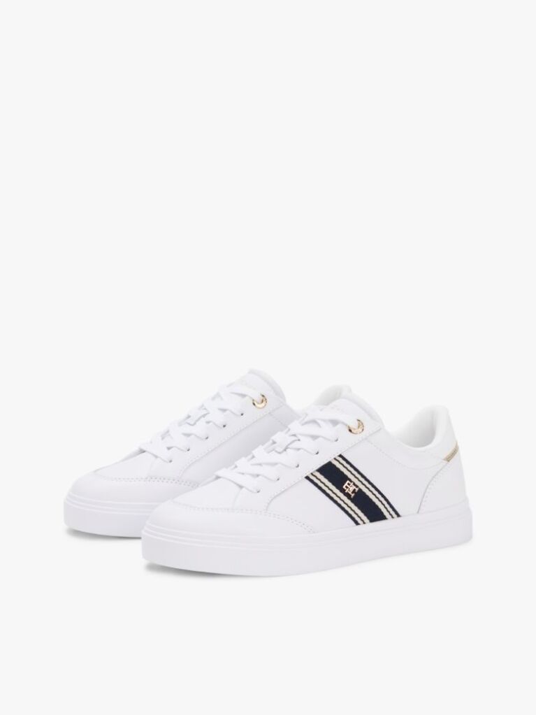 White Leather Webbing Strap Cupsole Trainers  Women