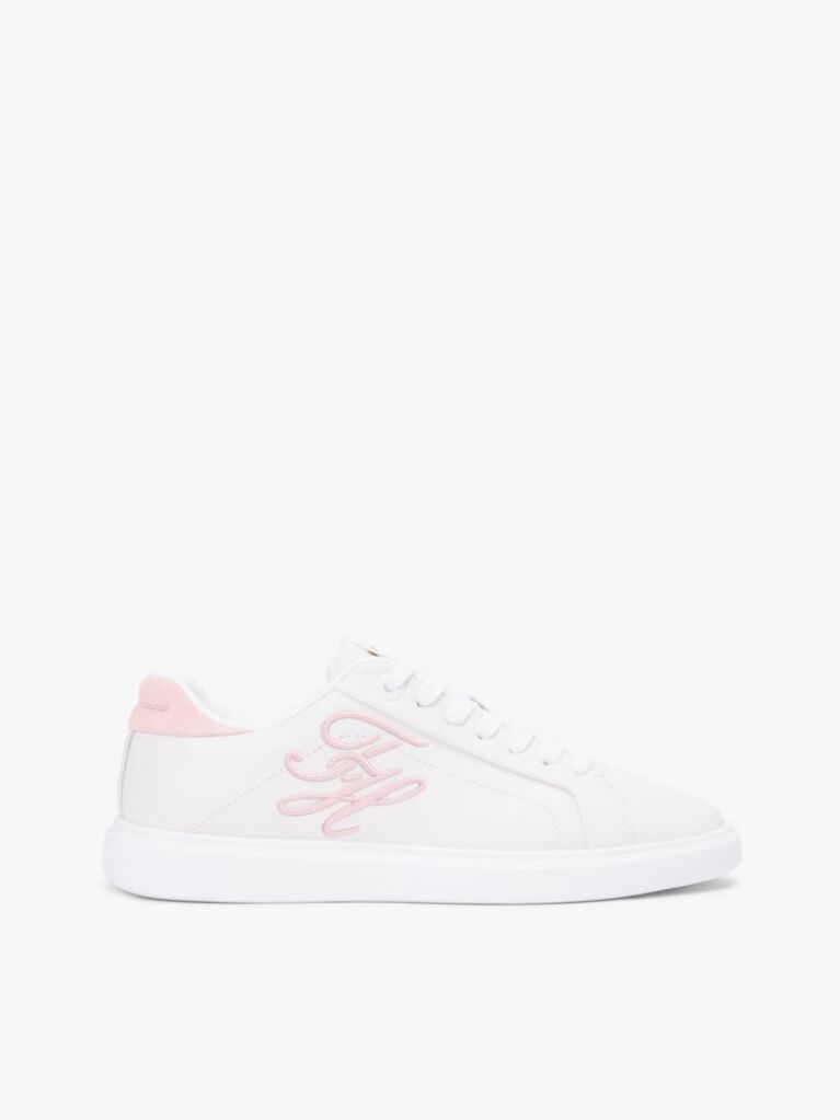 White Hilfiger Icon Leather Logo Embroidery Court Trainers  Women