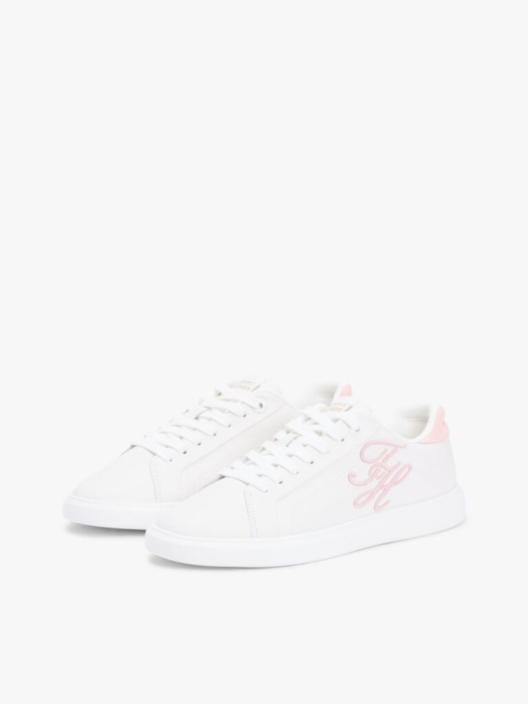 White Hilfiger Icon Leather Logo Embroidery Court Trainers  Women