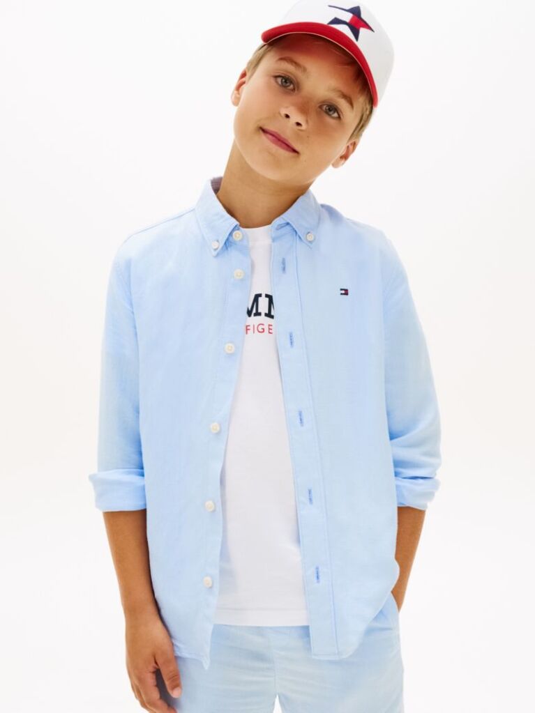 Blue Relaxed Fit Flag Embroidery Linen Blend Shirt  Boys