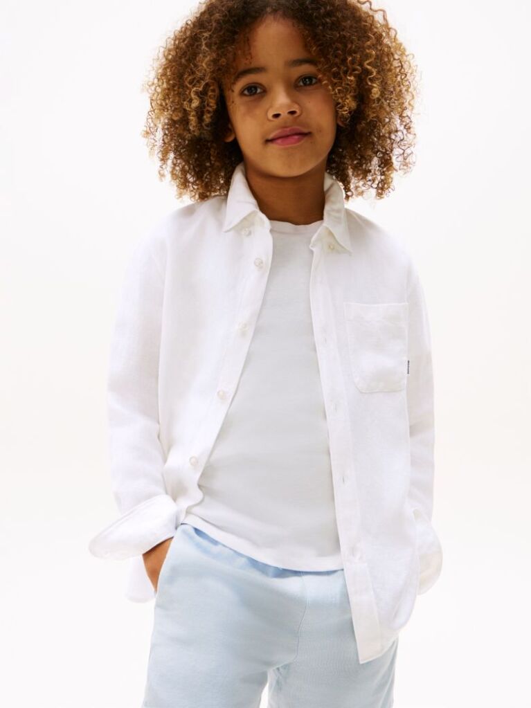 White Relaxed Fit Flag Embroidery Linen Blend Shirt  Boys