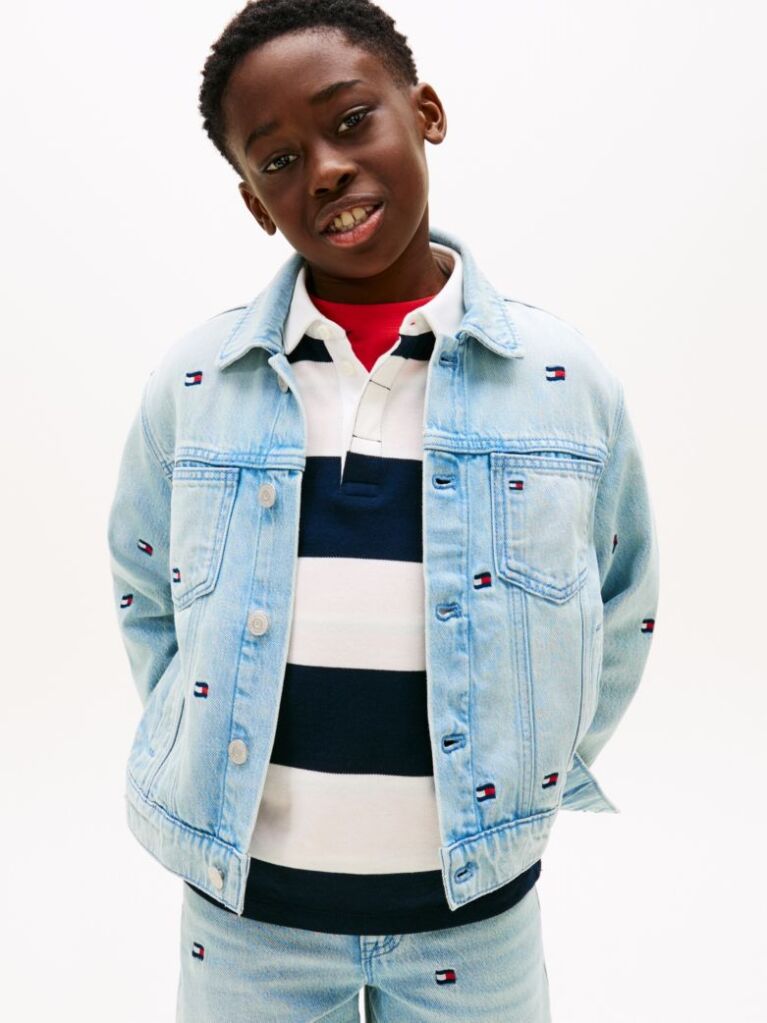Blue Wavy Flag Embroidery Denim Trucker Jacket  Boys