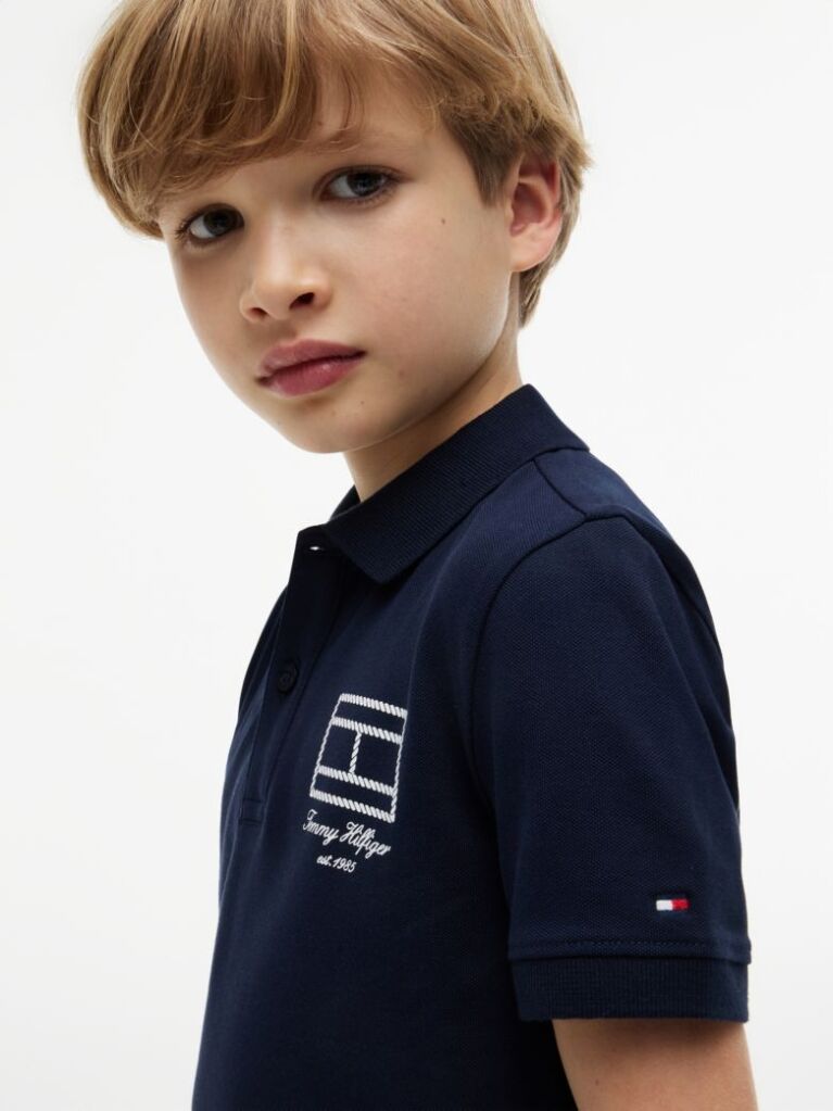 Blue Regular Fit Outline Flag Pique Polo Shirt  Boys