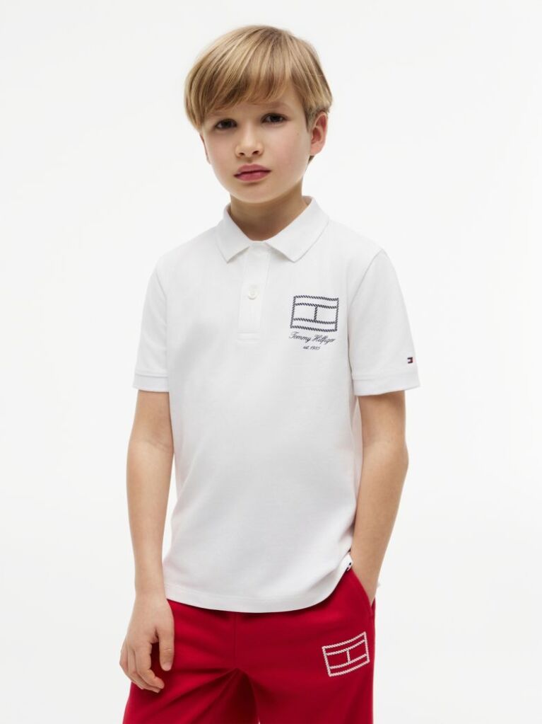 White Regular Fit Outline Flag Pique Polo Shirt  Boys