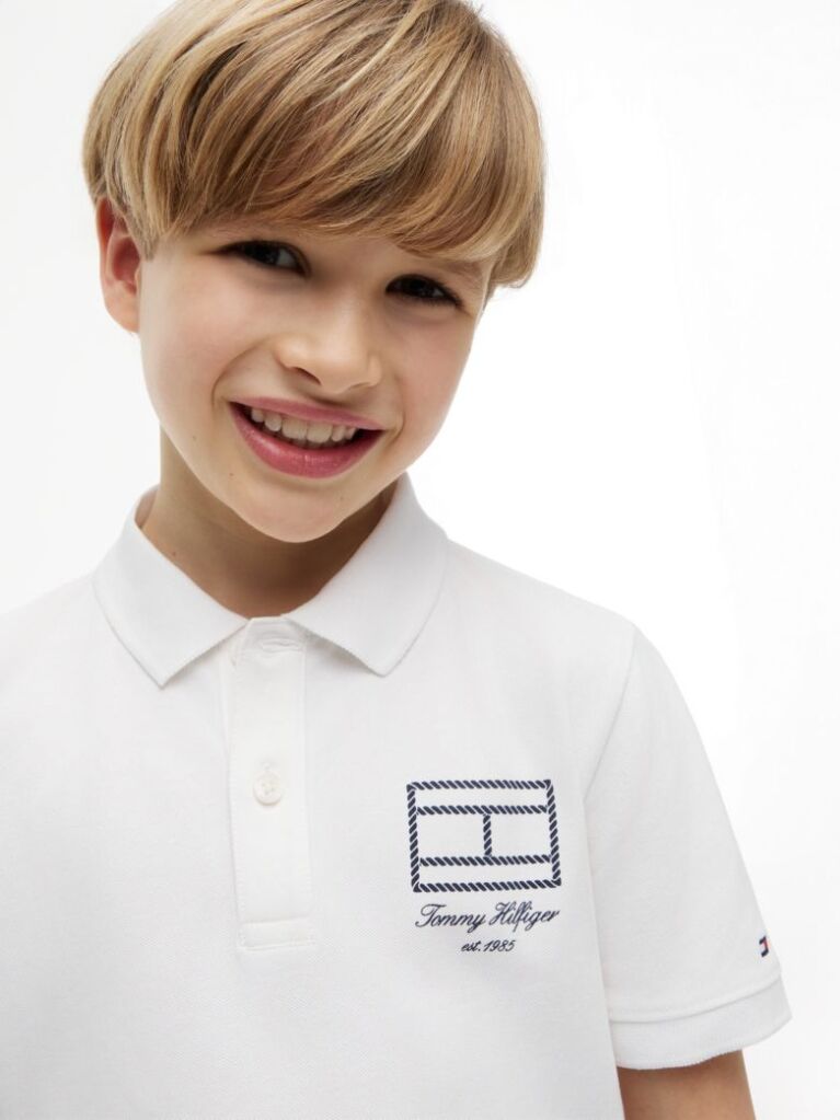 White Regular Fit Outline Flag Pique Polo Shirt  Boys