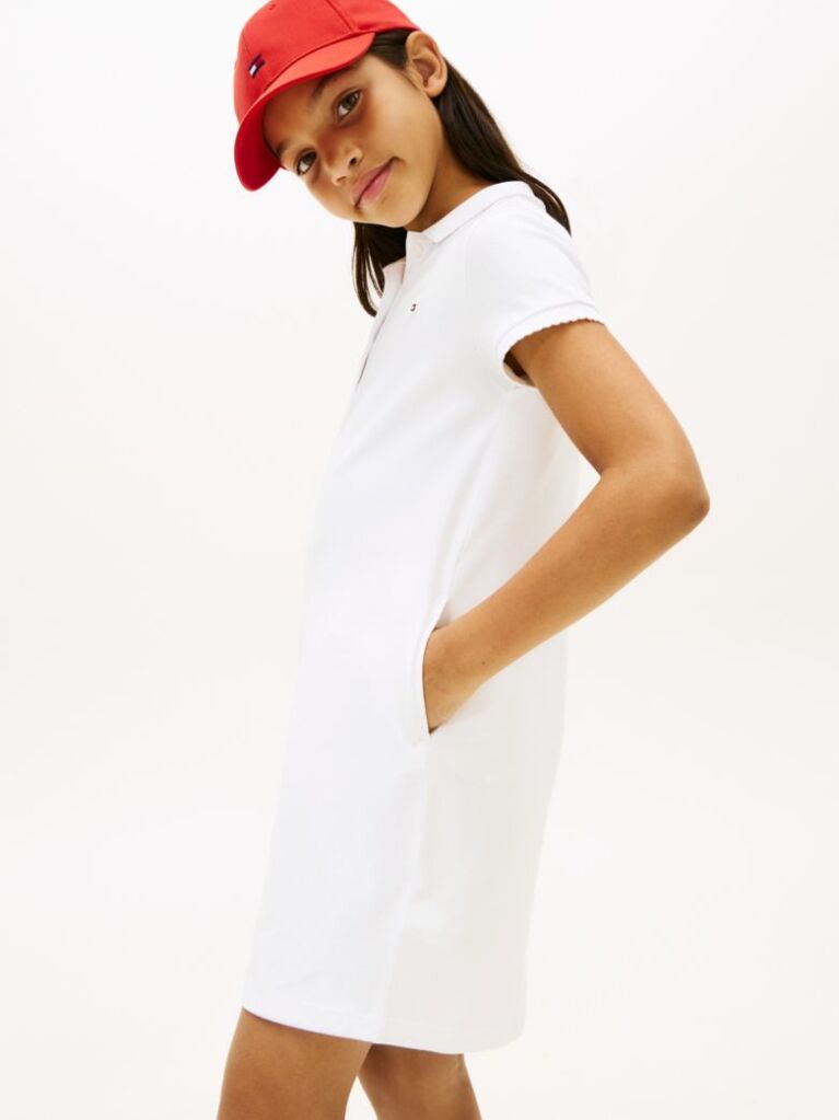 White Contrast Crew Neck Polo Dress  Girls