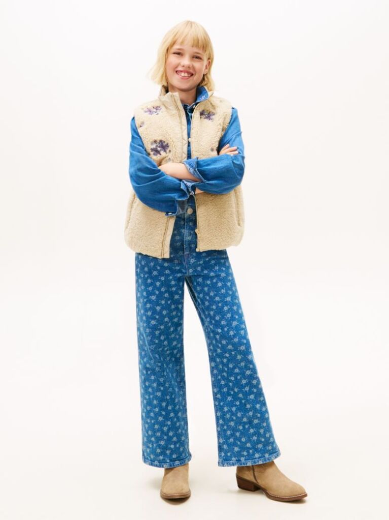 Denim Denim Overshirt with Floral Print and Relaxed Fit  Girls