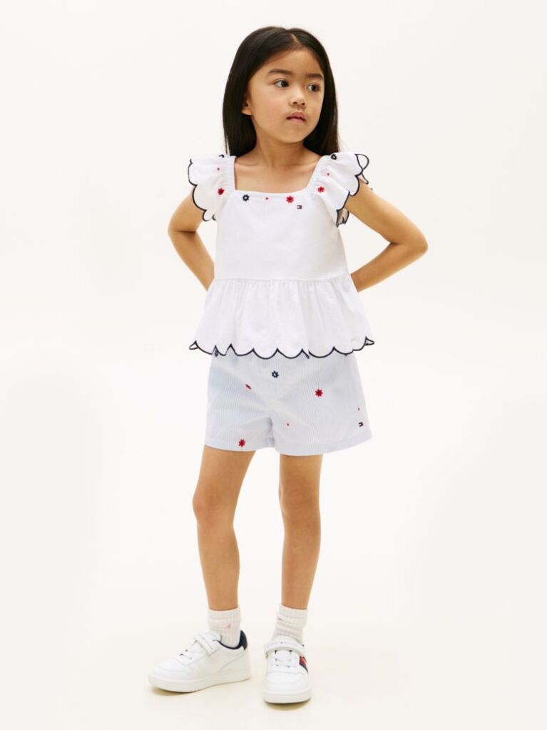 White Floral Embroidery Short Sleeve Top  Girls