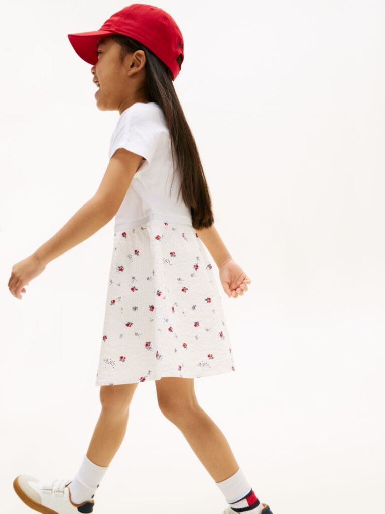 Beige Seersucker Print Fit And Flare Dress  Girls