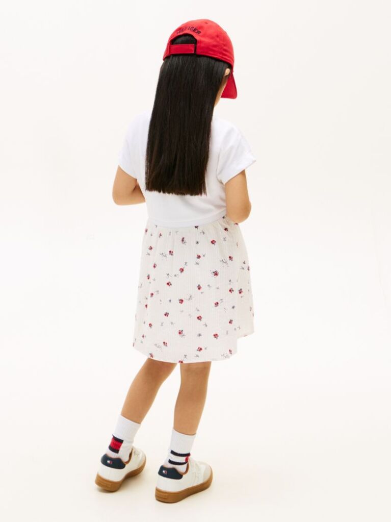 Beige Seersucker Print Fit And Flare Dress  Girls
