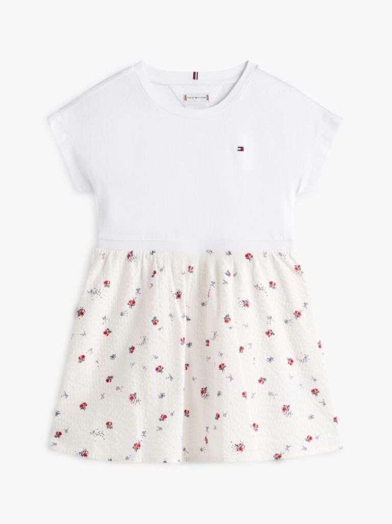 Beige Seersucker Print Fit And Flare Dress  Girls