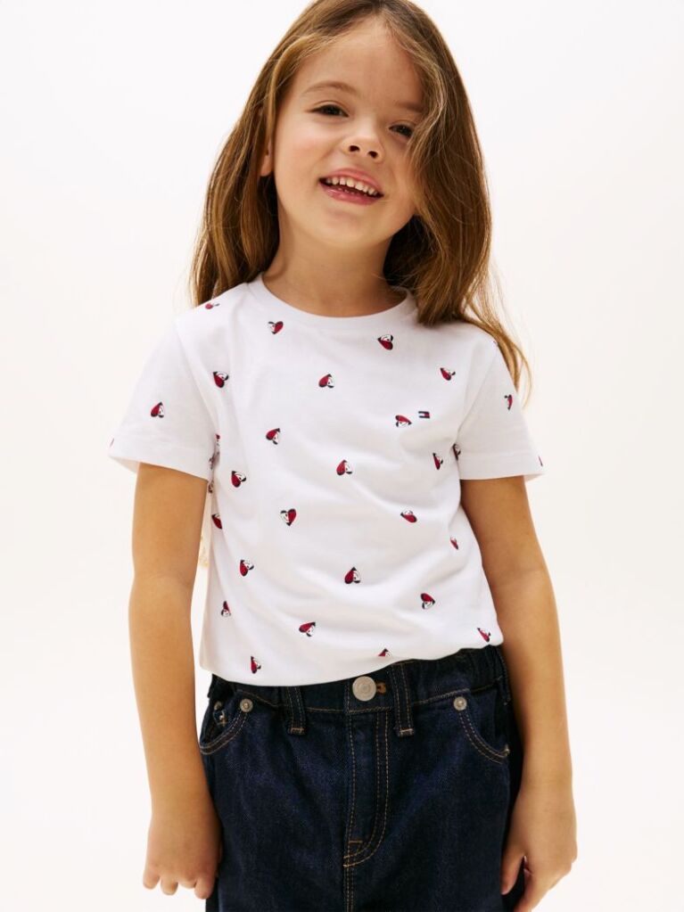 White Smiley Heart Flag Print T-Shirt  Girls
