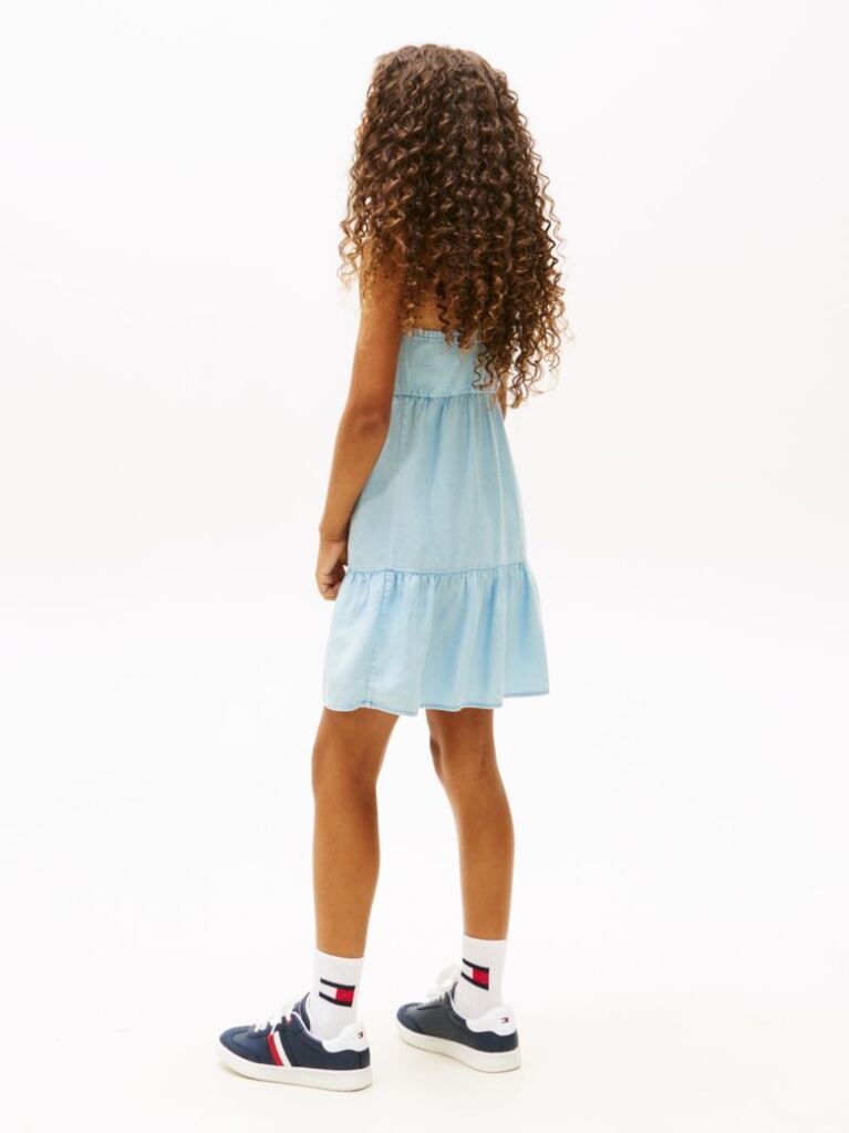 Denim Beaded Strap Twill Tiered Dress  Girls
