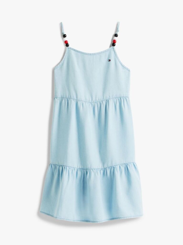 Denim Beaded Strap Twill Tiered Dress  Girls
