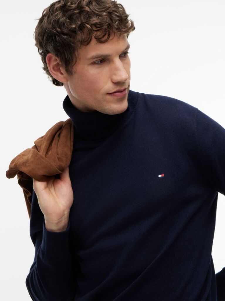 Blue Cotton Cashmere Roll Neck Jumper  Men