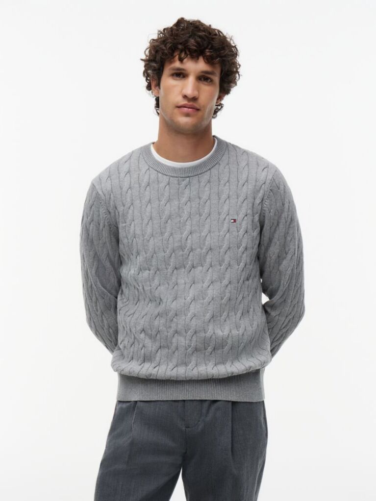 Grey Cable Knit Crew Neck Jumper  Men