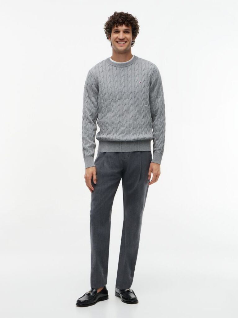 Grey Cable Knit Crew Neck Jumper  Men