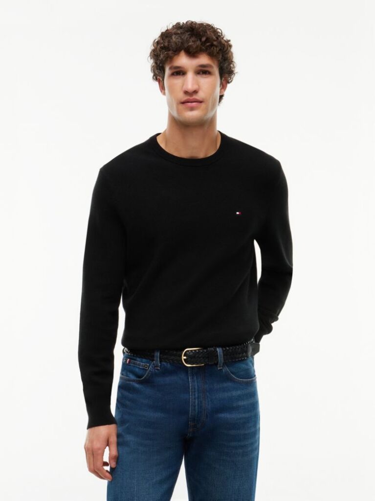 Black Crew Neck Textured Knit Jumper  Men